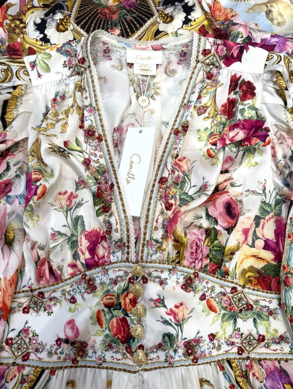 Camilla Shaped Waistband Dress With Gathered Sleeves In Torero Libertine - Picture 14 of 15